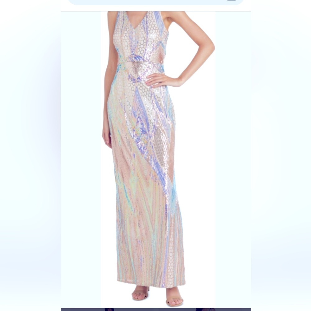 Nightway Multicolored Sequined Gown with side split. Size 6